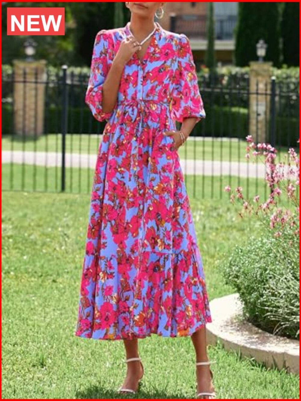 Floral Maxi Dress with V-Neck, Puff Sleeves, Tie Waist, Hidden Pockets - Picture 5 of 7